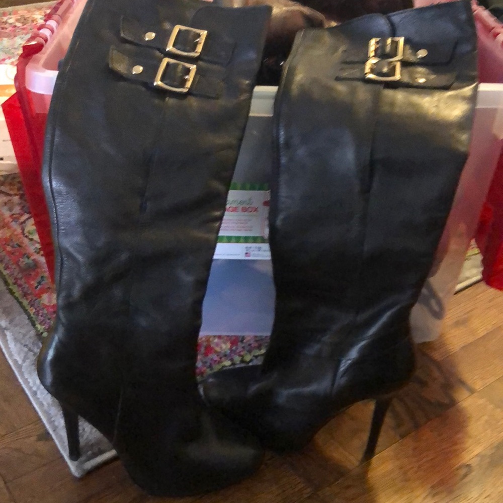 Beautiful tall black boots with gold accents